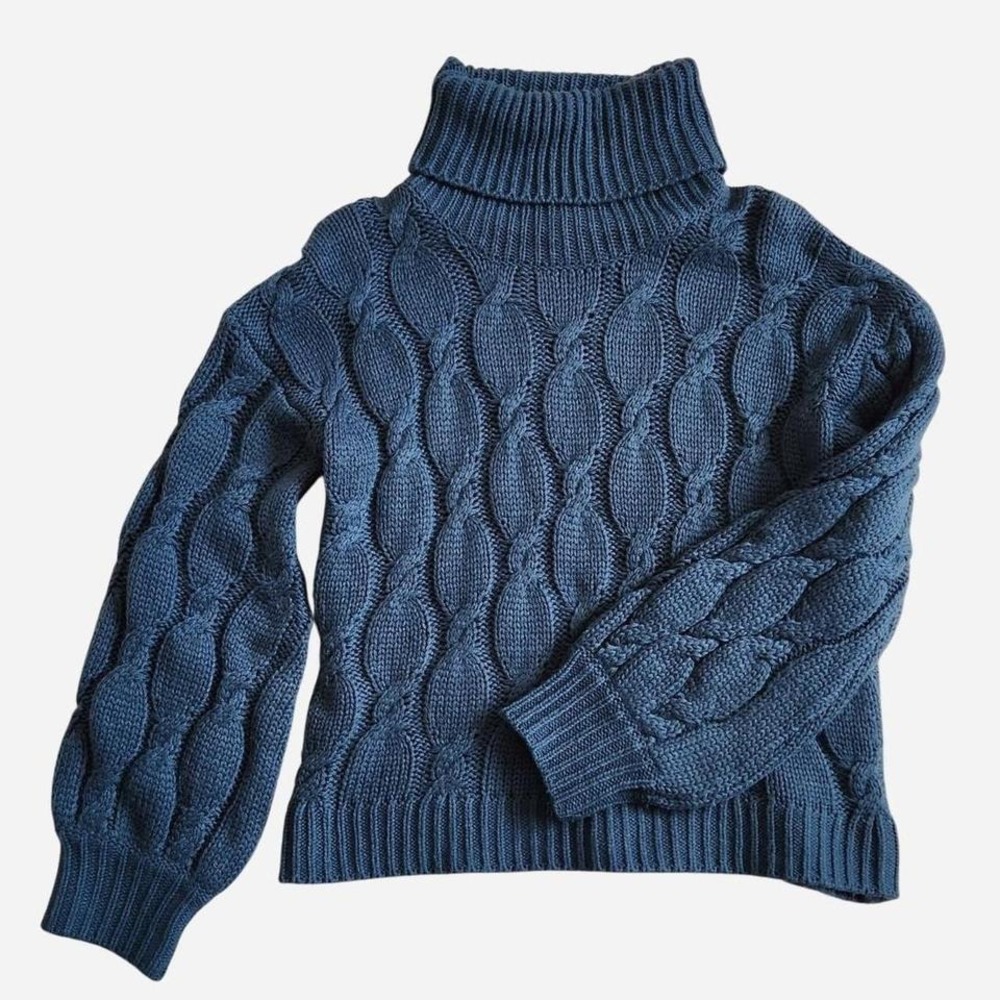 Cable Knit Turtleneck Sweater with Big Bishop Sleeves, Dark Green Chunky